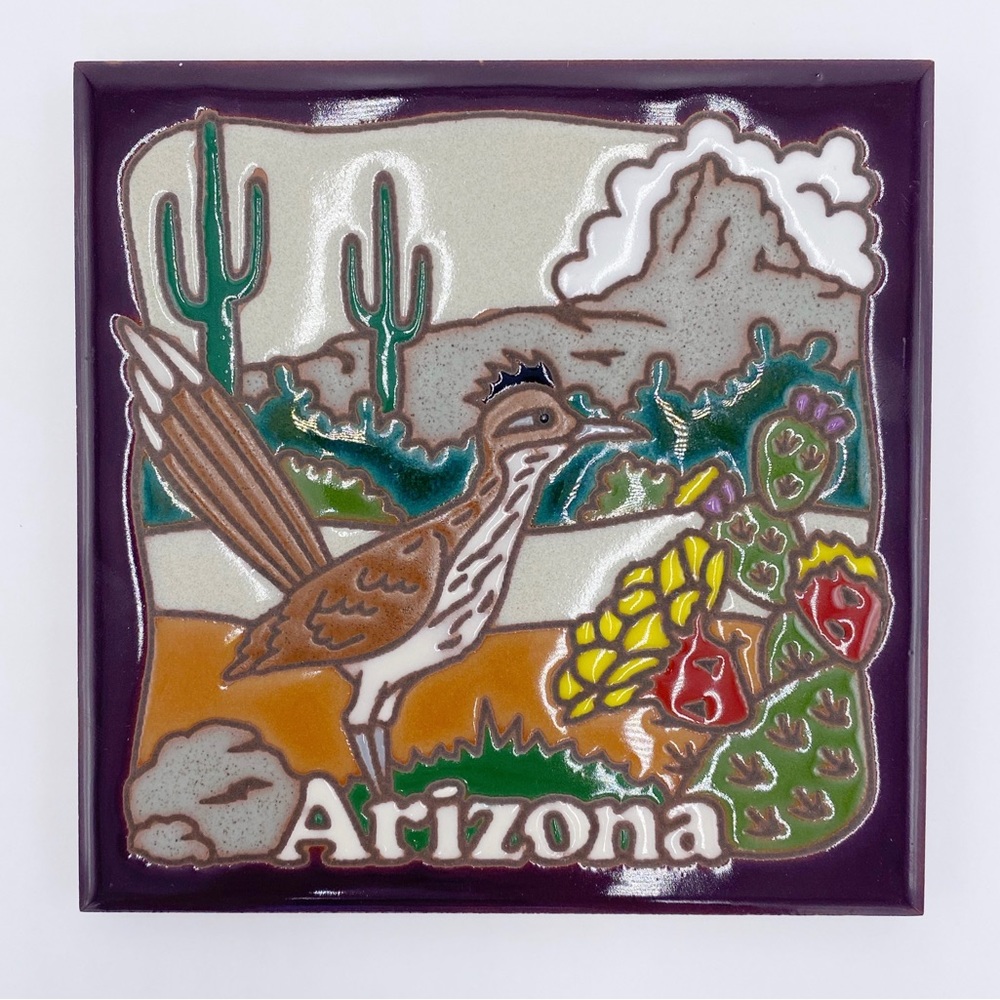 Arizona Art Tile Trivet By Masterworks Ceramic Cactus, Mountain, Desert, & Bird